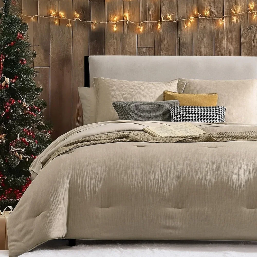 Queen Textured Comforter Set 3 Pieces Oatmeal Comforter + Pillowshams